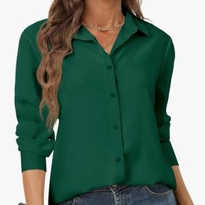 Luxveer Women's Long Sleeve Button Down Classic Collared Shirt ~ Green
